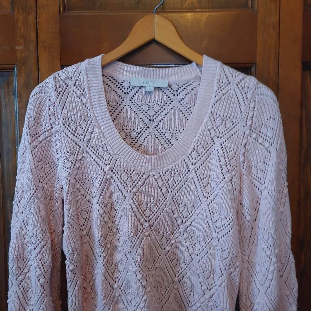 🛍 Loft 100% Cotton Light Pink Knit Pointelle Bobble Sweater Size Medium